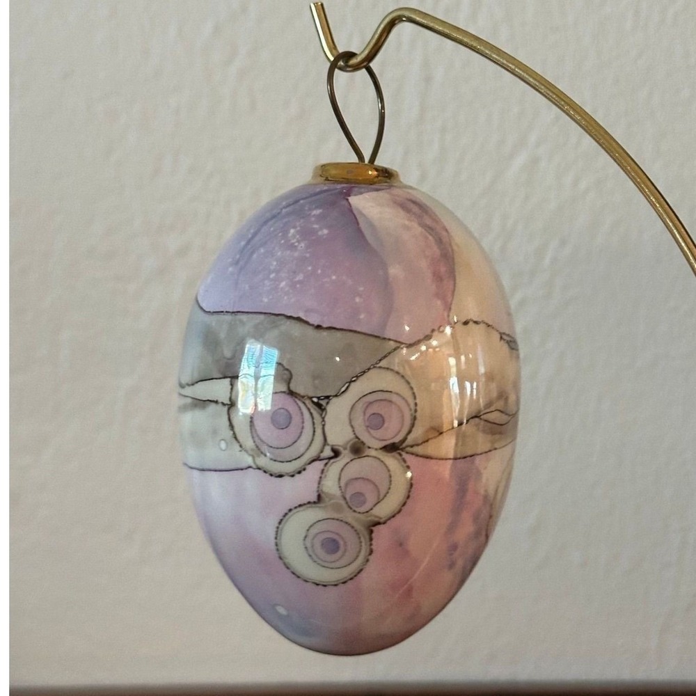 Vintage Artist Signed Purple Gray Egg Glass Hand Painted Lavender Ornament